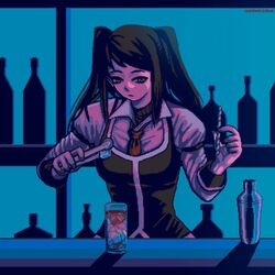  1girl :| artist_name bangs black_hair black_vest breasts closed_mouth cocktail_glass collared_shirt commentary cup diagonal_bangs drinking_glass english_commentary highres indoors isa_(insaneisane) jill_stingray juliet_sleeves long_hair long_sleeves looking_down medium_breasts necktie pixel_art puffy_sleeves red_necktie shirt sidelocks twintails two_side_up va-11_hall-a vest white_shirt 