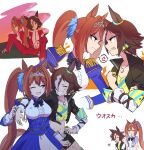  2girls ^_^ ^o^ anger_vein blush breasts brown_eyes brown_hair closed_eyes crop_top daiwa_scarlet_(umamusume) eyebrows_visible_through_hair facing_another grin hair_intakes hair_over_one_eye highres horse_girl hoyon large_breasts long_hair looking_at_another multicolored_hair multiple_girls navel one_eye_closed parted_lips pink_eyes ponytail shared_speech_bubble smile speech_bubble spoken_anger_vein streaked_hair teeth tiara twintails umamusume vodka_(umamusume) white_hair 