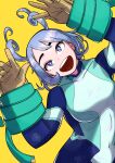  1girl blue_eyes blue_hair boku_no_hero_academia breasts collarbone gloves hadou_nejire hair_ornament highres large_breasts navel open_mouth p0rygon short_hair simple_background smile solo tight yellow_background 