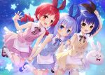  3girls :d apron bare_arms bare_shoulders blue_hair blush bow_hairband chimame-tai fang gochuumon_wa_usagi_desu_ka? hairband holding_hands interlocked_fingers jouga_maya kafuu_chino looking_at_viewer mary_janes miniskirt multiple_girls natsu_megumi open_mouth redhead shirt shoes silver_hair skin_fang skirt sleeveless sleeveless_shirt smile taku_michi tippy_(gochiusa) waist_apron white_apron wrist_cuffs 