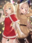  2girls absurdres ahoge bangs bike_shorts blonde_hair blurry blurry_background blush bob_cut breasts brown_dress brown_gloves brown_legwear capelet christmas commentary dress elbow_gloves english_commentary enna_alouette flat_chest fur_trim gloves green_eyes grin hair_ornament hairclip head_wings highres horns_pose lens_flare long_hair long_sleeves looking_at_viewer millie_parfait multiple_girls nijisanji nijisanji_en open_mouth pantyhose purple_wings red_capelet red_dress santa_costume santa_dress short_hair small_breasts smile takechi49 violet_eyes virtual_youtuber white_gloves wings 