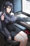  1girl absurdres bangs black_eyes black_hair breasts chair commission detached_sleeves glasses highres keyboard_(computer) lanyard large_breasts lillly looking_at_viewer on_chair one_eye_closed original pen pencil_skirt ponytail screen sidelocks sitting skirt solo 