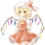  1girl :/ ascot bangs blonde_hair cocoa_(cocoa1qld) cowboy_shot crystal expressionless eyebrows_visible_through_hair flandre_scarlet flat_chest frilled_shirt_collar frills hand_on_hip hat light_particles looking_at_viewer mob_cap one_side_up petticoat puffy_short_sleeves puffy_sleeves red_eyes red_skirt red_vest short_sleeves simple_background skirt solo touhou vest white_background white_headwear wings wrist_cuffs yellow_ascot 