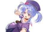  1girl bangs blue_hair choker dress frills hand_up hat hat_ornament igarashi_youhei kurobane_alice looking_at_viewer necktie open_mouth purple_dress reaching_out sailor_collar shadowverse short_sleeves simple_background smile solo twintails v violet_eyes white_background 