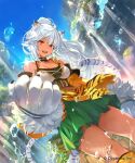  1girl animal_ears animal_hands black_choker breasts choker company_name copyright cowboy_shot gloves green_skirt igarashi_youhei ladica_(shadowverse) long_hair looking_at_viewer medium_breasts official_art open_mouth paw_gloves red_eyes shadowverse skirt solo tail water_drop white_hair 