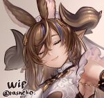  1girl animal_ears armpits asymmetrical_hair bangs breasts brown_hair closed_eyes detached_sleeves extra_ears eyebrows_visible_through_hair frilled_sleeves frills galleon_(granblue_fantasy) gloves granblue_fantasy horns large_breasts long_hair multicolored_hair pointy_ears sideboob smile solo streaked_hair twitter_username unfinished very_long_hair white_gloves y-chan 