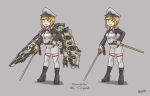  1girl artist_name black_footwear blonde_hair boots breasts character_name conquest_(starsector) de.calvin full_body gradient hat holding holding_weapon long_sleeves looking_at_viewer military military_hat military_uniform multiple_views open_mouth peaked_cap personification smile standing starsector sword thigh-highs uniform weapon white_legwear yellow_eyes 