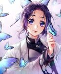  1girl artist_name blurry bokeh bug butterfly butterfly_hair_ornament clip_studio_paint_(medium) closed_mouth depth_of_field english_commentary english_text eyebrows eyelashes forehead hair_ornament hand_up highres kimetsu_no_yaiba kira_yukishiro kochou_shinobu light_particles light_rays lips long_sleeves looking_at_viewer pixiv_id purple_hair rainbow_gradient shaded_face short_hair sidelocks smile solo twitter_username upper_body violet_eyes wide_sleeves 