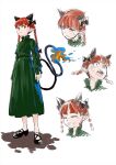  1girl :3 animal_ears black_bow black_footwear bow braid cat_ears cat_tail closed_eyes dress expressionless extra_ears facial_mark fangs fangs_out fiery_hair fire flat_chest green_dress highres iroiro_yaru_hito juliet_sleeves kaenbyou_rin long_sleeves looking_up mary_janes multiple_tails pointy_ears puffy_sleeves red_eyes redhead shadow shoes simple_background sketch slit_pupils smile solo surprised sweat sweatdrop tail touhou twin_braids two_tails whisker_markings whiskers white_background 