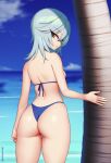  1girl artist_name ass back bangs bare_shoulders beach bikini blue_bikini blue_hair blue_sky blurry blurry_background breasts closed_mouth clouds cowboy_shot day eula_(genshin_impact) eyebrows_visible_through_hair genshin_impact horizon kuroonehalf looking_at_viewer looking_back medium_breasts medium_hair ocean outdoors palm_tree skindentation sky solo standing swimsuit thigh_gap tree violet_eyes water 