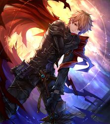  1boy :| bangs belt bird black_gloves black_pants brown_hair cape castle closed_mouth clouds cloudy_sky commentary_request cosplay dusk eyebrows eyebrows_visible_through_hair flag gideon_(lord_of_vermillion) gideon_(lord_of_vermillion)_(cosplay) gloves gran_(granblue_fantasy) granblue_fantasy hair_between_eyes hand_on_own_shoulder holding holding_sword holding_weapon long_sleeves loose_belt lord_of_vermilion lord_of_vermilion_iii male_focus orange_eyes pants photoshop_(medium) pouch red_cape revision sky solo sword tenyo0819 torn_cape torn_clothes v-shaped_eyebrows weapon 