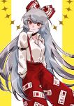  1girl armband arms_at_sides bow bright_pupils closed_mouth collared_shirt commentary cowboy_shot dated eyebrows_visible_through_hair fujiwara_no_mokou hair_between_eyes hair_bow hands_in_pockets high_collar highres long_hair long_sleeves looking_at_viewer ofuda ofuda_on_clothes orange_eyes pants red_bow red_pants rhodium_(rh) shirt silver_hair simple_background smile solo suspenders touhou tsurime twitter_username very_long_hair white_pupils white_shirt 