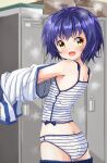  1girl :d ass azumaya_(miyui001) babydoll blue_hair blush butt_crack changing_clothes changing_room commentary fang female from_behind from_side gochuumon_wa_usagi_desu_ka? highres jouga_maya kafuu_chino&#039;s_school_uniform looking_at_viewer open_mouth panties school_uniform see-through short_hair skin_fang smile solo steaming_body striped striped_panties underwear underwear_only undressing wet wet_clothes white_panties yellow_eyes 