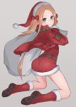  1girl abigail_williams_(fate) absurdres ass bangs belt blonde_hair blue_eyes blush boots bow dress fate/grand_order fate_(series) hair_bow hat highres jacket kneeling kopaka_(karda_nui) long_hair parted_bangs sack santa_costume santa_hat smile solo twintails 