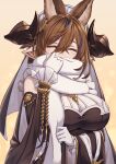  1girl animal_ears asymmetrical_hair bangs breasts brown_hair closed_eyes detached_sleeves extra_ears frilled_sleeves frills galleon_(granblue_fantasy) gloves granblue_fantasy highres horns large_breasts long_hair multicolored_hair pointy_ears scarf scarf_over_mouth solo streaked_hair umiboozu_(uminoyoukai) very_long_hair white_gloves 
