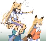  3girls animal_ears blonde_hair blush bow bowtie brown_hair carrying cheetah_(kemono_friends) cheetah_ears cheetah_girl cheetah_print cheetah_tail collared_shirt commentary_request elbow_gloves extra_ears eyebrows_visible_through_hair ezo_red_fox_(kemono_friends) fang fox_ears fox_girl fox_tail gloves green_jacket highres holding_another&#039;s_wrist jacket karekusa_meronu kemono_friends long_hair looking_at_another multicolored_hair multiple_girls nana_(kemono_friends) necktie open_mouth orange_eyes orange_jacket piggyback pink_hair pleated_skirt pointing print_gloves print_legwear print_necktie print_skirt shirt short_hair short_sleeves side_ponytail sidelocks skirt tail thigh-highs white_bow white_bowtie white_shirt white_skirt yellow_eyes zettai_ryouiki 