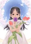  1girl black_eyes black_hair carrying child cowboy_shot dress facing_viewer flower holding holding_flower long_hair looking_at_viewer original photoshop_(medium) short_sleeves smile solo tanaka_kunihiko white_dress 