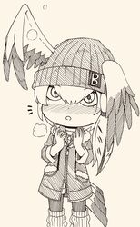  1girl alternate_costume bangs beanie bird_girl bird_tail bird_wings blush chibi coat cold feet_out_of_frame fur_trim hair_between_eyes hat head_wings highres kemono_friends leggings legwear_under_shorts long_bangs long_hair looking_at_object looking_up monochrome multicolored_hair nose_blush pocket rakugaki_arai shoebill_(kemono_friends) shorts side_ponytail snowing solo standing tail wings wings_through_headwear 