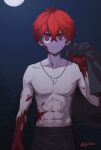  1boy absurdres artist_request bare_arms bare_shoulders blood commentary_request highres holding jewelry kemono_jihen kusaka_kabane looking_at_viewer male_focus moon muscular_shota necklace night outdoors red_eyes redhead solo topless_male 