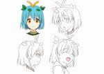  1girl antennae aqua_hair beluo77 character_sheet closed_eyes closed_mouth eternity_larva eyebrows_visible_through_hair hair_between_eyes jaggy_lines leaf leaf_on_head multiple_views open_mouth short_hair simple_background smile touhou white_background yellow_eyes 