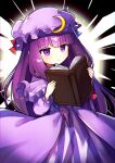 1girl absurdres book crescent crescent_hat_ornament dress hat hat_ornament highres holding holding_book long_hair mob_cap offbeat patchouli_knowledge purple_dress purple_hair reading solo touhou violet_eyes 