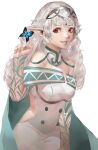  1girl animal arm_tattoo bare_shoulders blazpu blue_butterfly bug butterfly cape commission elf fingernails green_cape grey_background grey_hair highres long_hair looking_at_animal off_shoulder original parted_lips pointy_ears red_eyes simple_background smile tattoo tiara 