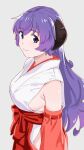  1girl absurdres bangs breasts commentary_request detached_sleeves eyebrows_visible_through_hair grey_background hakama hanyuu highres higurashi_no_naku_koro_ni horns japanese_clothes large_breasts long_hair looking_at_viewer miko ojipon purple_hair red_hakama sideboob simple_background smile solo upper_body violet_eyes 