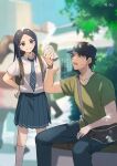  1boy 1girl alternate_costume asirpa bangs baseball_cap black_hair black_headwear blue_eyes blurry blurry_background blush casual collarbone collared_shirt earrings eyelashes golden_kamuy green_shirt grey_necktie grey_pants grey_skirt grin hands_on_hips hat jewelry kneehighs long_hair miniskirt nanase_(nns_6077) necktie older open_mouth pants parted_bangs plaid_necktie pleated_skirt school_uniform shirt short_hair short_sleeves sitting skirt smile standing straight_hair sugimoto_saichi sweatdrop t-shirt watch watch white_legwear white_shirt wing_collar younger 