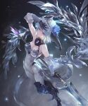  1girl armored_boots blue_hair bodysuit boots breasts closed_mouth detached_collar dragon_horns dragon_tail flower hair_flower hair_ornament headpiece holding holding_weapon horns igarashi_youhei medium_breasts official_art pointy_ears shadowverse short_hair solo standing tail violet_eyes weapon whitefrost_dragonewt_filene 
