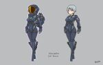 1girl armor artist_name black_bodysuit bodysuit breasts de.calvin doom_(starsector) full_body gloves gradient grey_background holding joints looking_at_viewer personification robot_joints short_hair signature silver_hair standing starsector violet_eyes weapon 