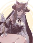  1girl animal_ears aridamikannn asymmetrical_hair bangs breasts brown_hair closed_eyes detached_sleeves extra_ears eyebrows_visible_through_hair frilled_sleeves frills galleon_(granblue_fantasy) gloves granblue_fantasy highres horns large_breasts legwear_removed long_hair multicolored_hair pointy_ears smile solo streaked_hair very_long_hair white_gloves 