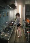  1girl bacon barefoot black_hair black_shorts egg_(food) food frying_pan full_body indoors kagumanikusu kitchen long_sleeves original ponytail shirt short_hair shorts sidelocks solo tied_hair white_shirt window 