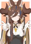  1girl absurdres animal_ears asymmetrical_hair bangs breasts brown_hair closed_eyes detached_sleeves extra_ears eyebrows_visible_through_hair frilled_sleeves frills galleon_(granblue_fantasy) gloves granblue_fantasy highres horns large_breasts long_hair multicolored_hair outstretched_arms pointy_ears smile solo streaked_hair user_phpg5747 very_long_hair white_gloves 
