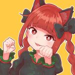  1girl :3 animal_ear_fluff animal_ears bangs black_bow black_dress blunt_bangs bow braid bright_pupils cat_ears dress eyebrows_visible_through_hair face fang hair_bow head_tilt highres juliet_sleeves kaenbyou_rin kneeling light_blush long_hair long_sleeves looking_at_viewer multiple_tails orange_background outline parted_lips paw_pose puffy_sleeves red_eyes redhead sidelocks signature simple_background solo tail touhou twin_braids twintails two_tails upper_body white_outline white_pupils zanasta0810 