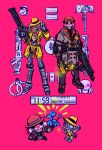  2boys absurdres apex_legends balloon_animal black_footwear caustic_(apex_legends) clown_mask cuffs death_hammer_(apex_legends) eva-8 fedora gas_mask gun hammer handcuffs hat head_tilt highres holding holding_gun holding_hammer holding_weapon humanoid_robot jacket killing_joke_caustic m1904_mastiff mask memoir_noir_pathfinder money multiple_boys official_alternate_costume one-eyed pathfinder_(apex_legends) pink_background pm11:19 pointing pointing_at_viewer red_eyes red_headwear shotgun weapon yellow_headwear yellow_jacket 