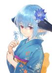  1girl bangs blue_hair closed_mouth dragon_horns flower hair_between_eyes hair_flower hair_ornament hands_up horns igarashi_youhei japanese_clothes kimono looking_at_viewer obi pointy_ears print_kimono red_eyes sash shadowverse short_hair simple_background solo upper_body white_background whitefrost_dragonewt_filene 