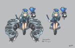  1girl artist_name black_footwear blue_eyes blue_hair boots crossed_legs de.calvin doyagao dress gloves gradient grey_background hat holding jacket long_hair long_sleeves looking_at_viewer multiple_views paragon_(starsector) personification signature sitting smirk smug starsector 