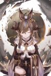  1girl animal_ears asymmetrical_hair bangs breasts brown_hair closed_eyes cowboy_shot detached_sleeves extra_ears frilled_sleeves frills galleon_(granblue_fantasy) gloves granblue_fantasy highres horns interlocked_fingers large_breasts long_hair multicolored_hair octo_eight own_hands_clasped own_hands_together pointy_ears skindentation solo streaked_hair thigh_strap very_long_hair white_gloves 