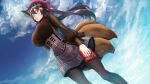  1girl animal_ear_fluff animal_ears black_legwear blue_eyes breasts brown_hair caleen_keemosn closed_mouth clouds fox_ears fox_girl fox_tail highres large_breasts long_hair looking_at_viewer pantyhose skirt solo star_ocean star_ocean_anamnesis tail valentine yuuki1103 