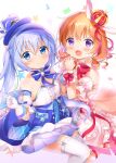  2girls :d absurdres brown_hair center_frills detached_sleeves dress eyebrows_visible_through_hair frilled_dress frills gloves gochuumon_wa_usagi_desu_ka? highres holding_hands hoto_cocoa kafuu_chino light_blue_hair looking_at_viewer mika_miche multiple_girls puffy_short_sleeves puffy_sleeves short_sleeves smile strapless strapless_dress thigh-highs tilted_headwear underbust white_dress white_garter_straps white_gloves white_legwear 