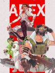  1girl 2boys apex_legends aro_(vexen) assault_rifle black_footwear black_gloves black_hair black_headwear boots braid breasts brown_eyes brown_hair cable collarbone corset cropped_vest crypto_(apex_legends) death_box_(apex_legends) energy_gun eyeshadow fingerless_gloves floating_hair gloves goggles gradient_hair green_vest grey_gloves gun havoc_energy_rifle highres holding holding_gun holding_staff holding_weapon holographic_interface jacket knee_boots loba_(apex_legends) makeup mask mechanical_legs medium_breasts mouth_mask multicolored_hair multiple_boys octane_(apex_legends) pants red_eyeshadow red_nails redhead rifle sitting smile staff twin_braids vest weapon white_gloves white_jacket white_pants 