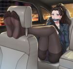  1girl absurdres ass black_hair blush breasts car car_interior car_seat crotch_seam earrings executive_mishiro female forehead gag gagged green_eyes ground_vehicle haimei1980 highres idolmaster idolmaster_cinderella_girls improvised_gag jewelry legs legs_up long_hair looking_at_viewer makeup mature_female motor_vehicle no_shoes office_lady panties pantyhose ponytail restrained seatbelt sitting soles solo tape tape_gag toes underwear white_panties 