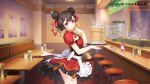  1girl apron brown_hair chair closed_mouth cup date_a_live:_date_a_bullet date_a_live:_spirit_pledge dress drink eyebrows_visible_through_hair finger_to_mouth food highres holding holding_plate indoors looking_at_viewer plate red_dress red_eyes solo table tsuan_(date_a_live) white_apron 