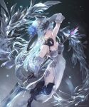  1girl armored_boots blue_hair boots breasts closed_mouth detached_collar dragon_horns dragon_tail dress flower hair_flower hair_ornament headpiece holding holding_weapon horns igarashi_youhei long_hair medium_breasts official_art pelvic_curtain pointy_ears shadowverse side_slit solo standing tail violet_eyes weapon whitefrost_dragonewt_filene 