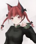  1girl :3 animal_ears bangs black_bow blush bow braid breasts cat_ears cat_tail dress extra_ears eyebrows_visible_through_hair fang fang_out green_dress grey_background hair_bow hand_up highres juliet_sleeves kaenbyou_rin light_smile long_hair long_sleeves looking_at_viewer multiple_tails nail_polish paw_pose phos_phos pillarboxed puffy_sleeves red_eyes red_nails redhead simple_background skin_fang small_breasts solo tail touhou twin_braids twintails upper_body 