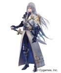  1boy armored_boots boots character_request closed_mouth coat company_name copyright gauntlets hand_on_hilt igarashi_youhei long_hair official_art orange_eyes pointy_ears shadowverse silver_hair simple_background solo standing sword weapon white_background 