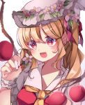  1girl :d apple ascot blush bright_pupils crystal fang flandre_scarlet flower food fruit hat hat_flower highres holding holding_flower meimei_(meimei89008309) mob_cap nail_polish pink_headwear purple_flower red_eyes red_vest skin_fang smile solo touhou upper_body vest wing_collar wings wrist_cuffs yellow_ascot 