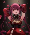  1girl black_background black_bow bow breasts brown_hair detached_sleeves dress eyebrows_behind_hair heterochromia highres hololive houshou_marine long_hair looking_at_viewer medium_breasts mirekhot parted_lips petals pocket_watch red_dress red_eyes redhead solo twintails very_long_hair watch 
