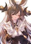  1girl animal_ears asymmetrical_hair bangs blush breasts brown_hair closed_eyes detached_sleeves extra_ears eyebrows_visible_through_hair frilled_sleeves frills galleon_(granblue_fantasy) gloves granblue_fantasy highres horns large_breasts long_hair mugen_kageno multicolored_hair parted_lips pointy_ears solo streaked_hair uma_pyoi_densetsu very_long_hair white_gloves 
