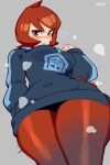  1girl absurdres arezu_(pokemon) bangs blush breasts closed_mouth gradient gradient_clothes gradient_legwear highres jacket long_sleeves looking_at_viewer nezulet pantyhose pokemon pokemon_(game) pokemon_legends:_arceus red_eyes redhead short_hair smile solo thick_thighs thigh_focus thighs 